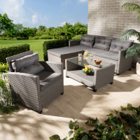 Baxton Studio MLM-210606-Dark Grey Darian Modern and Contemporary Grey Fabric Upholstered and Grey Synthetic Rattan 4-Piece Patio Sett